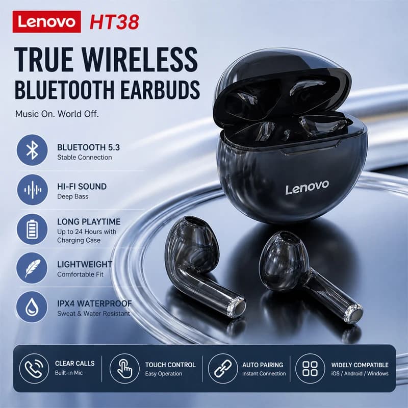 Original Lenovo HT38 Wireless Headphones TWS Bluetooth Earphones HD Stereo Game Call Noise Reduction Earbuds Music Sport Headset