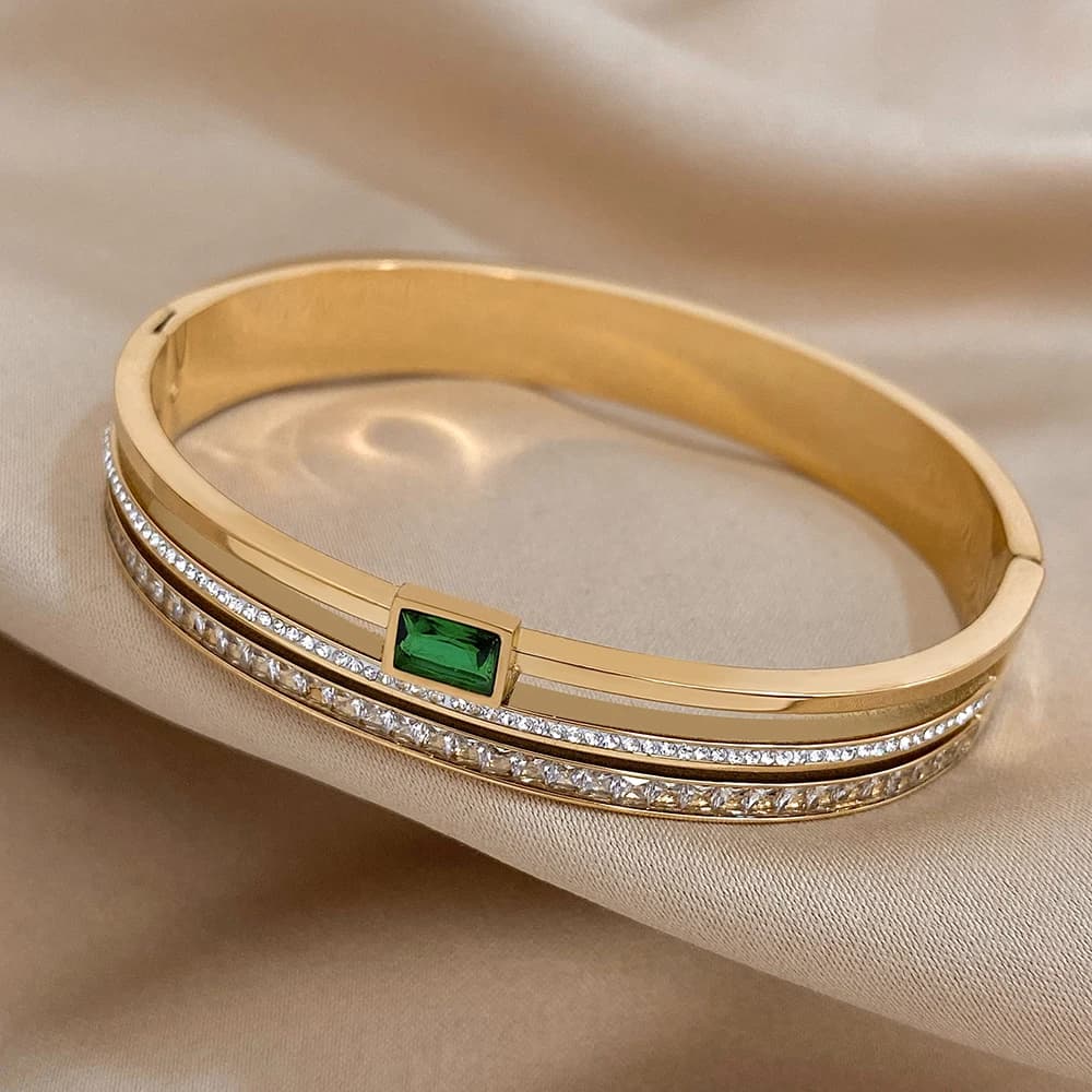 Luxury Stainless Steel Cuff Bracelet For Women Mens Gold Silver Color Couple Bracelets Green White Rhinestone Wide Bangle Gift - 5