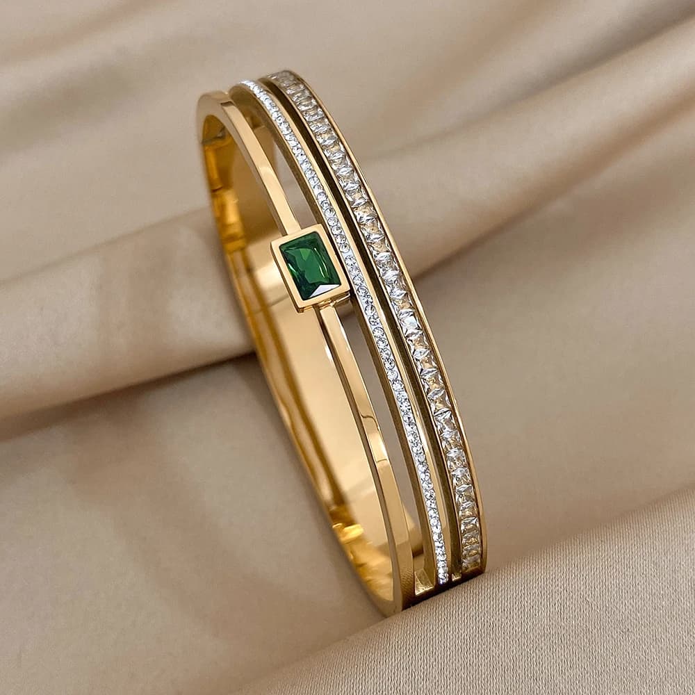 Luxury Stainless Steel Cuff Bracelet For Women Mens Gold Silver Color Couple Bracelets Green White Rhinestone Wide Bangle Gift - 4