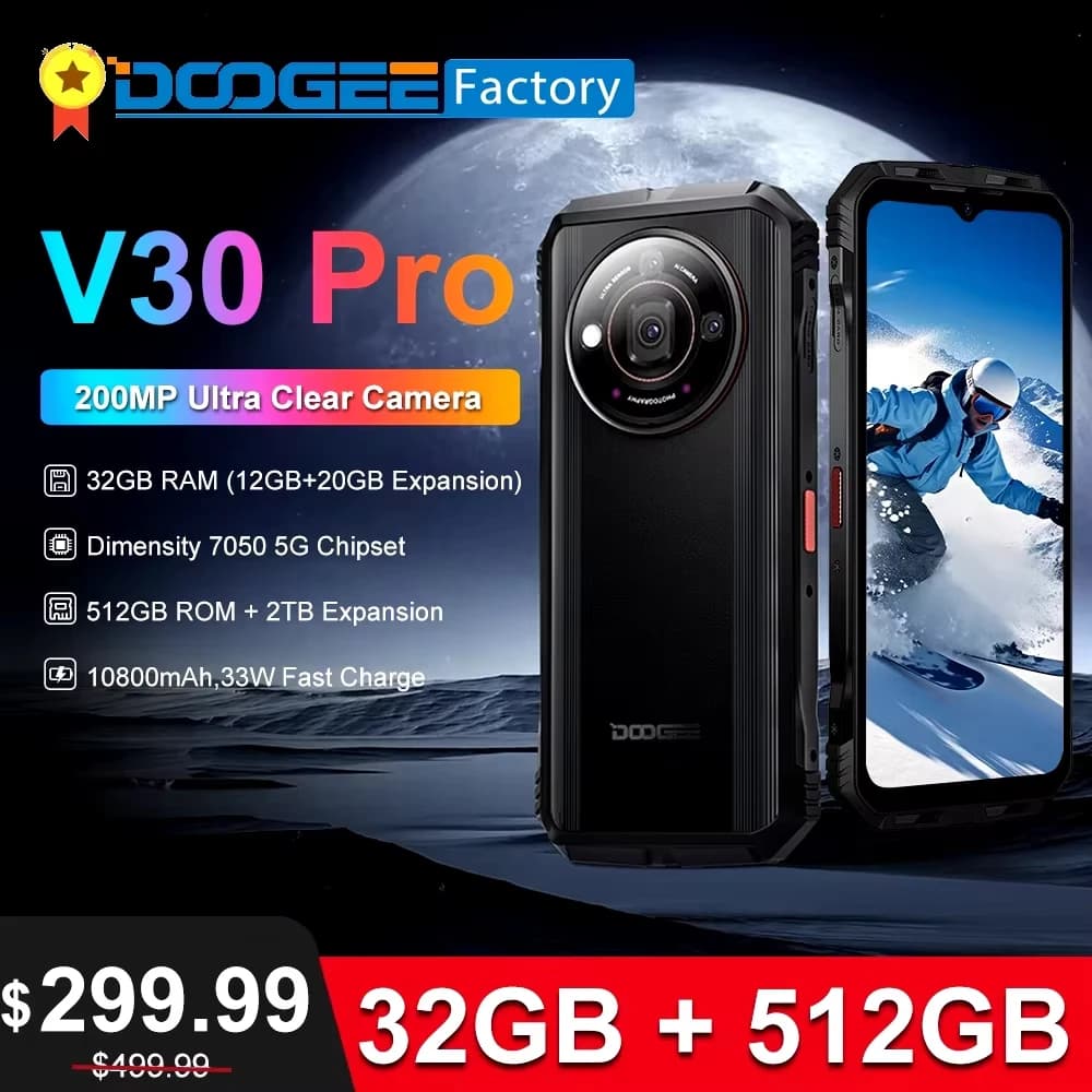 هاتف دوغي V30 برو المتين، نظام أندرويد 13، شاشة FHD مقاس 6.58 بوصة بمعدل تحديث 120 هرتز، ذاكرة 32 جيجابايت + 512 جيجابايت، بطارية 10800 مللي أمبير، كاميرا 200 ميجابكسل، معالج ديمينسيتي 7050