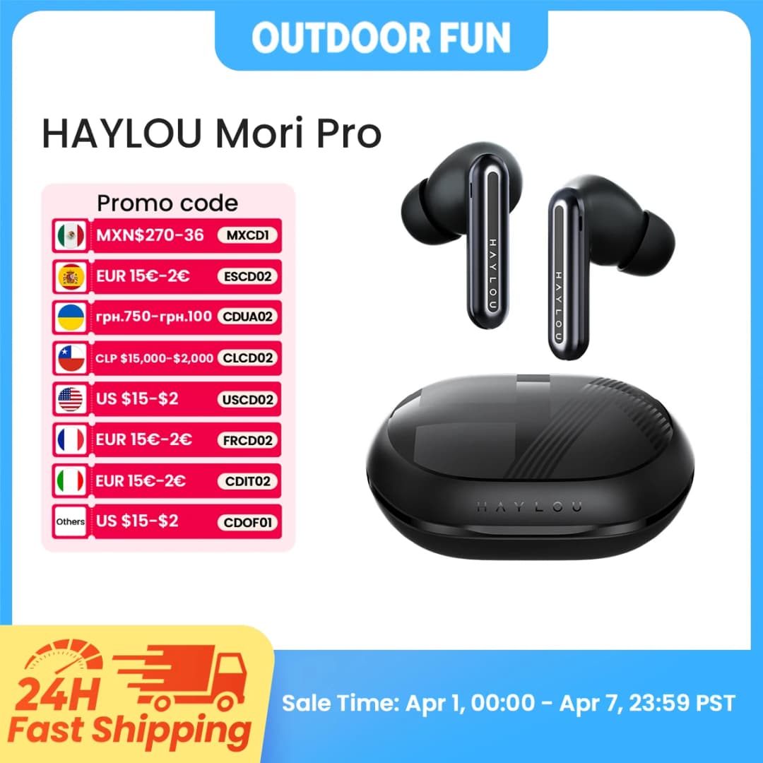 سماعات HAYLOU Mori Pro بلوتوث 5.4 - سماعات أذن عزل ضوضاء نشط -43dB مع 6 ميكروفونات وسماعات رأس لاسلكية وبطارية تدوم حتى 35 ساعة