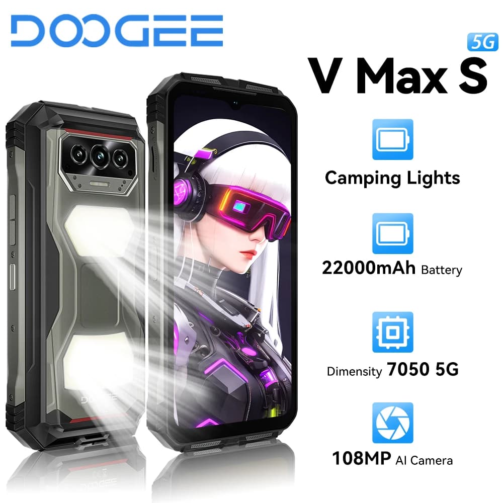 DOOGEE  V Max S Rugged Phone 6.58" Dual Camping Lights Telephon Portable 24GB(8+16)+256GB 22000mAh 108MP Smartphone Android 14