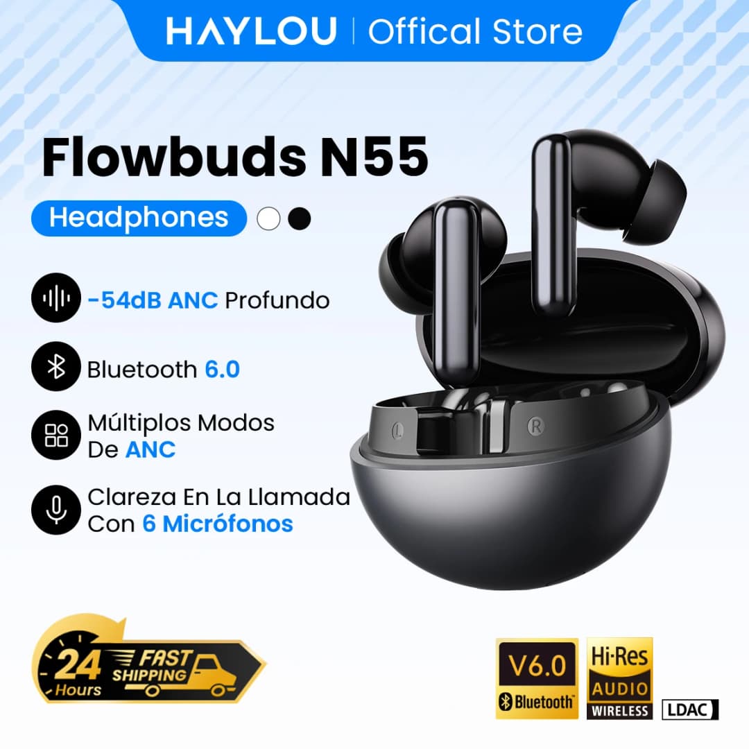 سماعات أذن لاسلكية HAYLOU Flowbuds N55، إلغاء ضوضاء تكيفي 54dB، بلوتوث 6.0، صوت عالي الدقة LDAC، 6 ميكروفونات، مكالمات HD، تشغيل حتى 40 ساعة، مقاومة للماء IPX5