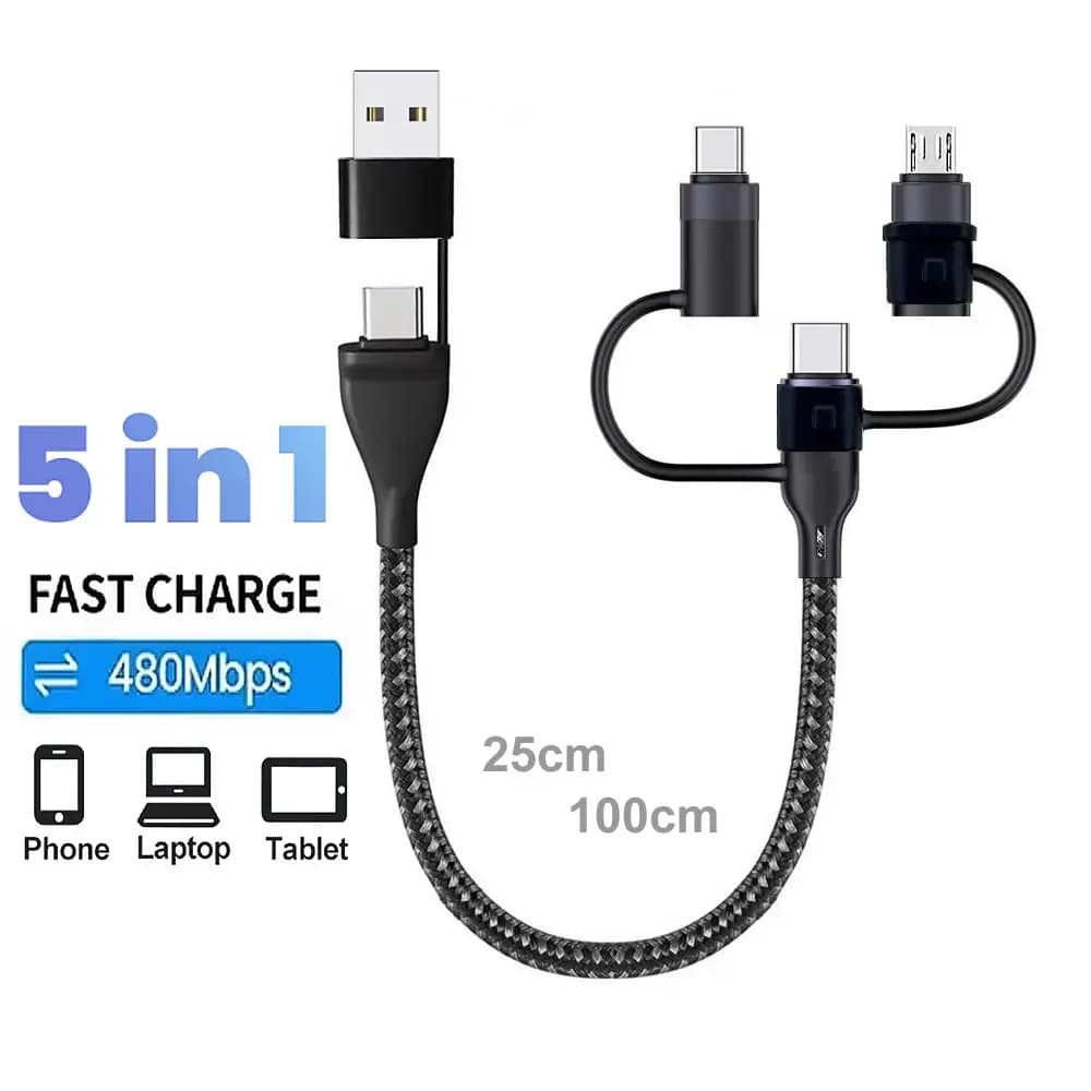 كابل شحن سريع متعدد PD 65W، 4 في 1، USB C، كابل بيانات متزامن من النايلون، USB A/C إلى Type C/Micro، لآيفون وسامسونج وماك بوك