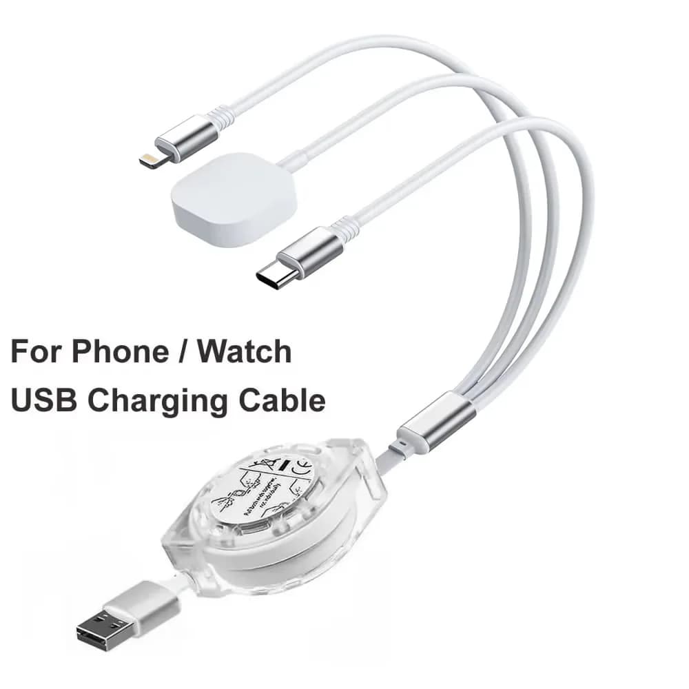 Multi Charging Cable with Apple Watch Charger - Retractable Portable Fast Charging Cord with Lightning/Type C/iWatch for iPhone