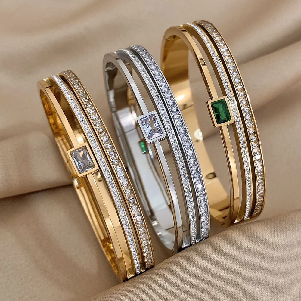 Luxury Stainless Steel Cuff Bracelet For Women Mens Gold Silver Color Couple Bracelets Green White Rhinestone Wide Bangle Gift - 6