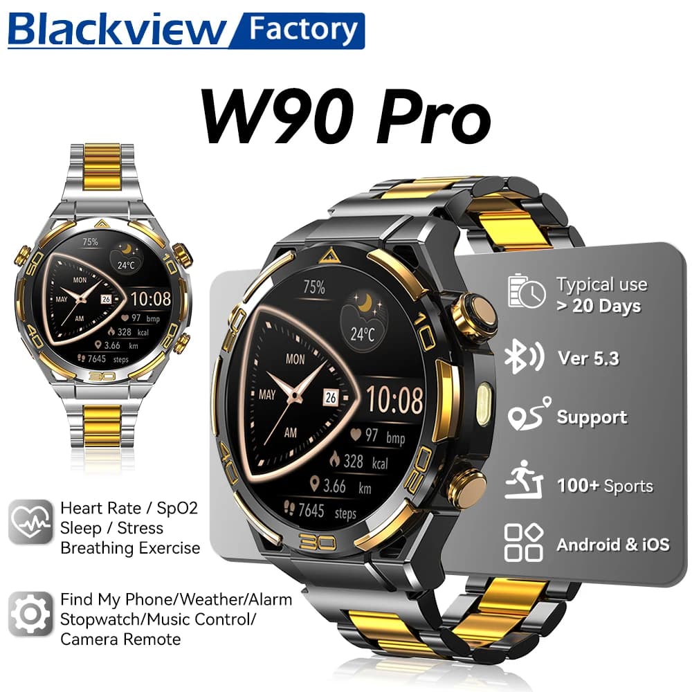 2025 Blackview W90 Pro Smartwatch 1.43"AMOLED Display Blood GPS Trace Oxygen,Bluetooth Calling,Heart Rate Monitor Smartwatch Men