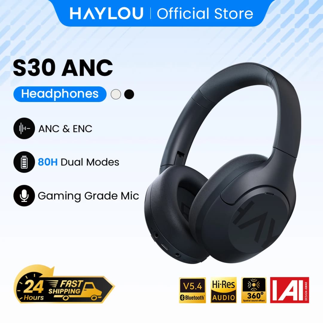 سماعات رأس HAYLOU S30 بلوتوث لاسلكي 5.4 إلغاء ضوضاء تكيّفي 43dB مشغّل 40 مم سماعات أذن بوقت تشغيل 80 ساعة