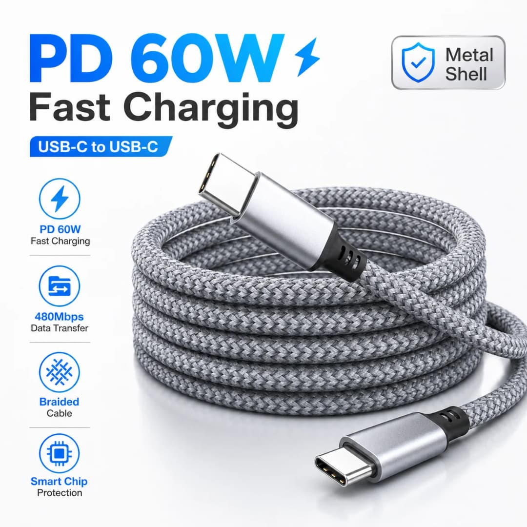 USB C to USB C Cable 60W PD Fast Charging 480Mbps Data Transfer Nylon Braided Type C Cord Metal Shell for Phone Tablet Laptop