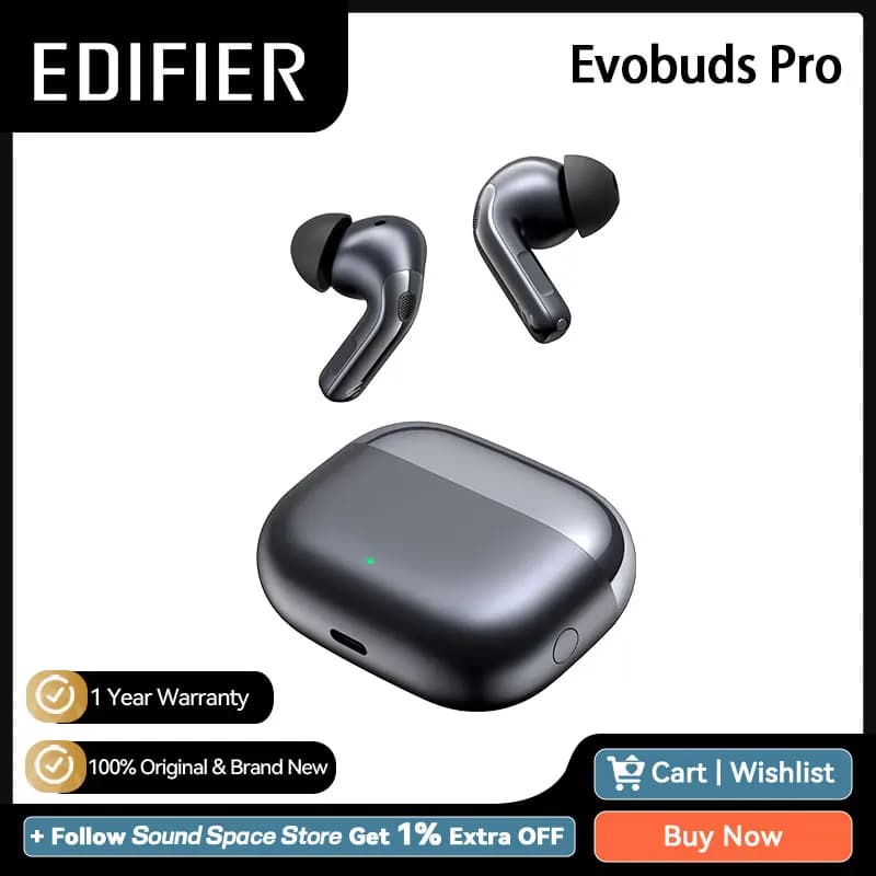 Edifier Evobuds Pro True Wireless Noise Cancelling Earbuds Bluetooth V6.0 IP54 LDAC Hi-Res Audio Hybrid ANC AI Voice Translation
