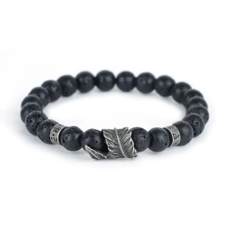 Vintage Feather Bracelet For Men Sanskrit Mantra Braslet Yoga Meditation Healing Braclet 8mm Lava Onyx Stone Strand Brazalete - 6