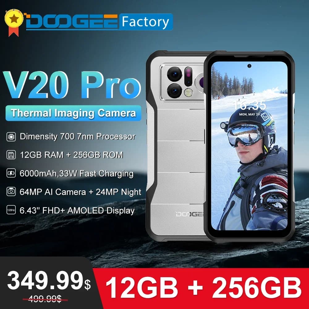 هاتف DOOGEE V20 Pro المتين بشاشة 6.43 بوصة 2K تصوير حراري ذاكرة 12GB+256GB كاميرا 64MP بطارية 6000mAh شحن 33W نظام أندرويد