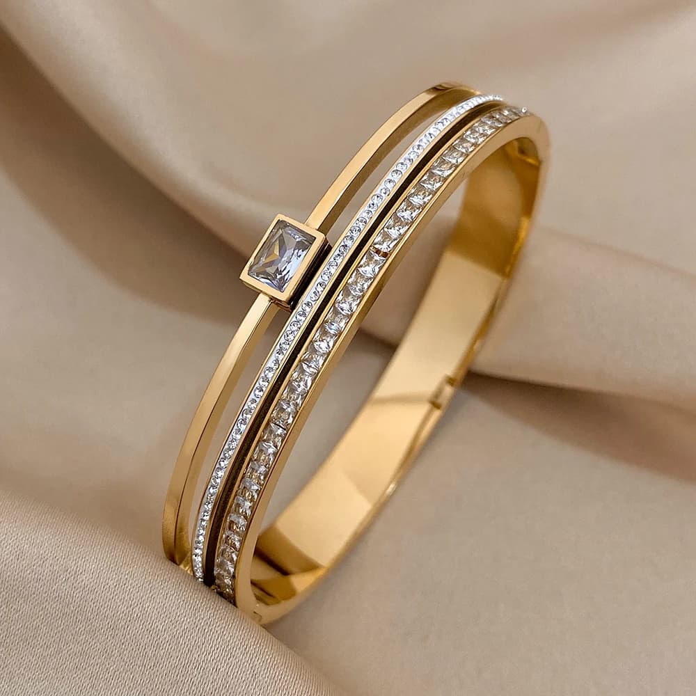 Luxury Stainless Steel Cuff Bracelet For Women Mens Gold Silver Color Couple Bracelets Green White Rhinestone Wide Bangle Gift - 2