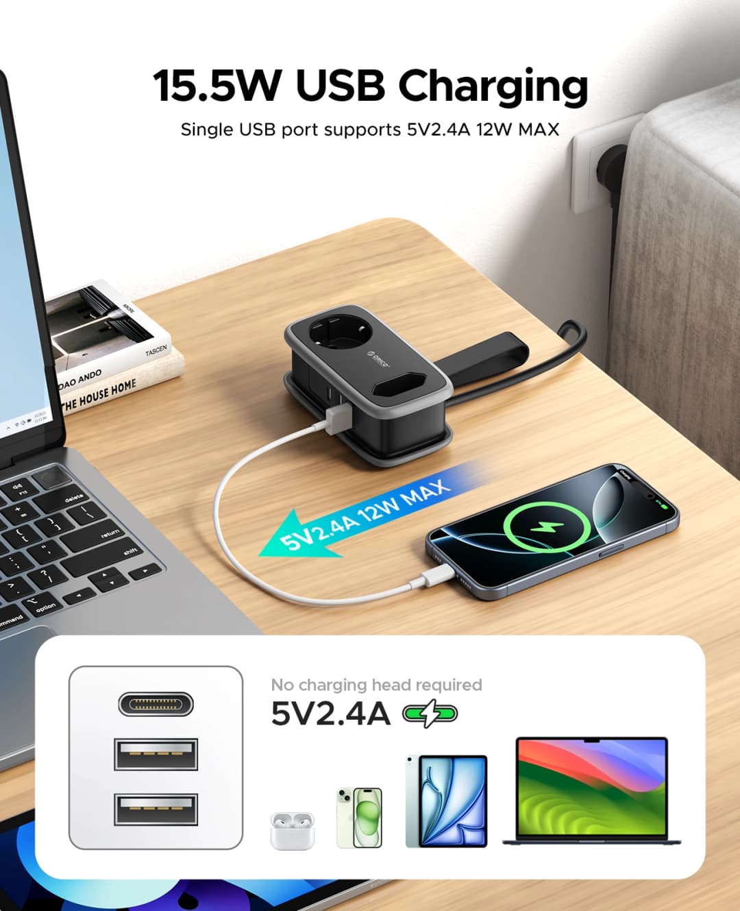 شريط طاقة ORICO بقابس EU مع 2 منفذ AC و3 منافذ USB وكابل تمديد 1.1 متر - 3