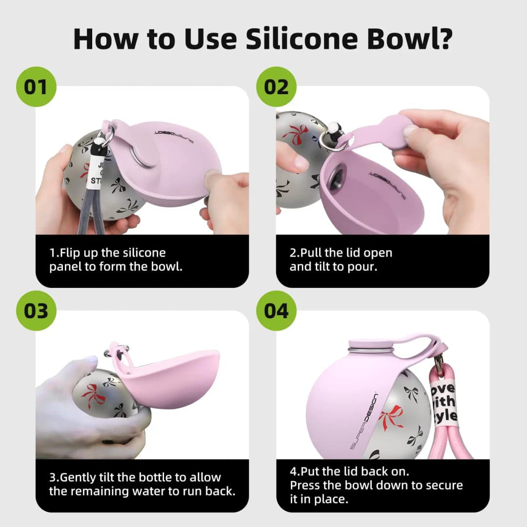 زجاجة ماء محمولة للكلاب الصغيرة، 2 في 1، مضادة للتسرب، مدمجة، من الفولاذ المقاوم للصدأ والسيليكون - 5