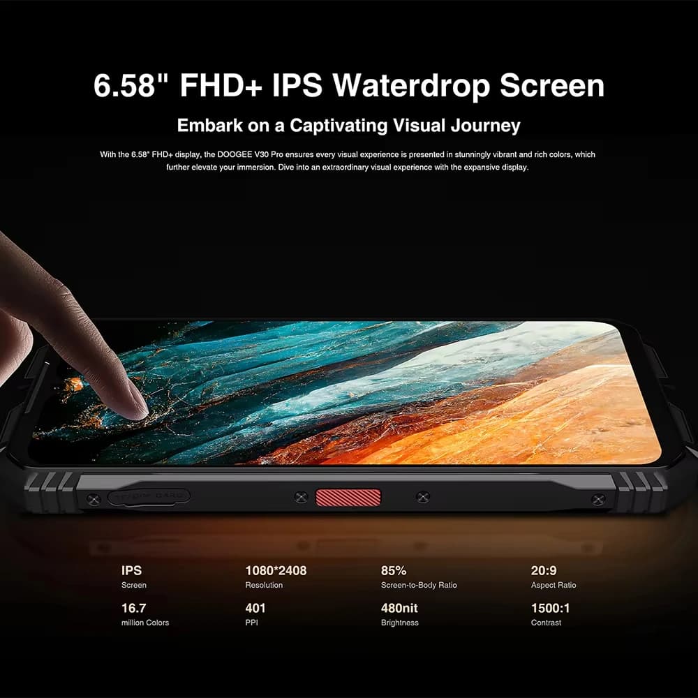 هاتف دوغي V30 برو المتين، نظام أندرويد 13، شاشة FHD مقاس 6.58 بوصة بمعدل تحديث 120 هرتز، ذاكرة 32 جيجابايت + 512 جيجابايت، بطارية 10800 مللي أمبير، كاميرا 200 ميجابكسل، معالج ديمينسيتي 7050 - 5