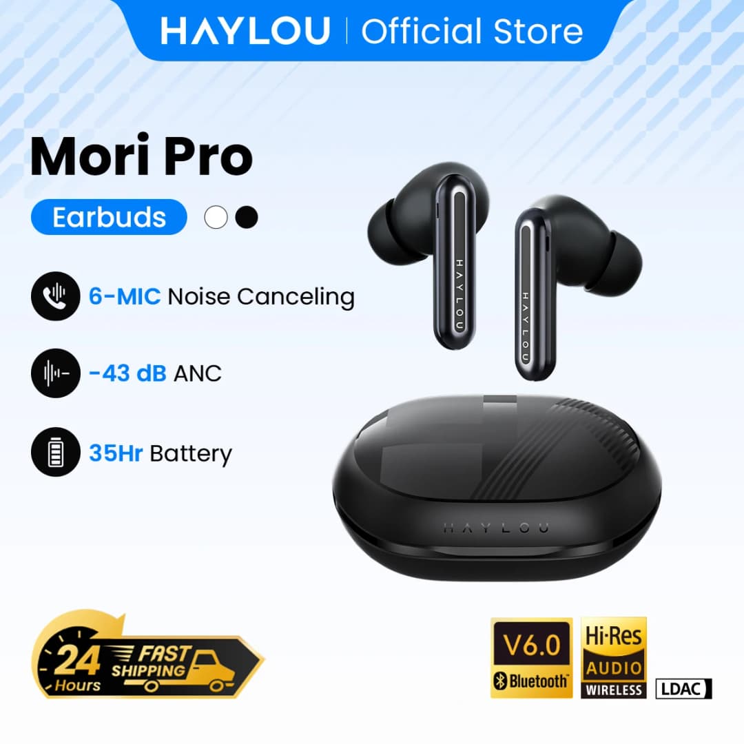 سماعات HAYLOU Mori Pro بلوتوث 5.4 - سماعات أذن عزل ضوضاء نشط -43dB مع 6 ميكروفونات وسماعات رأس لاسلكية وبطارية تدوم حتى 35 ساعة