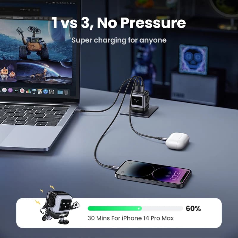 【قابس US】 شاحن UGREEN 65 واط 30 واط GaN تصميم روبوت PD3.0 شاحن سريع QC4.0 3.0 PPS لجهاز iPhone 17 و16 و15 Pro وMacbook Laptop Table - 4