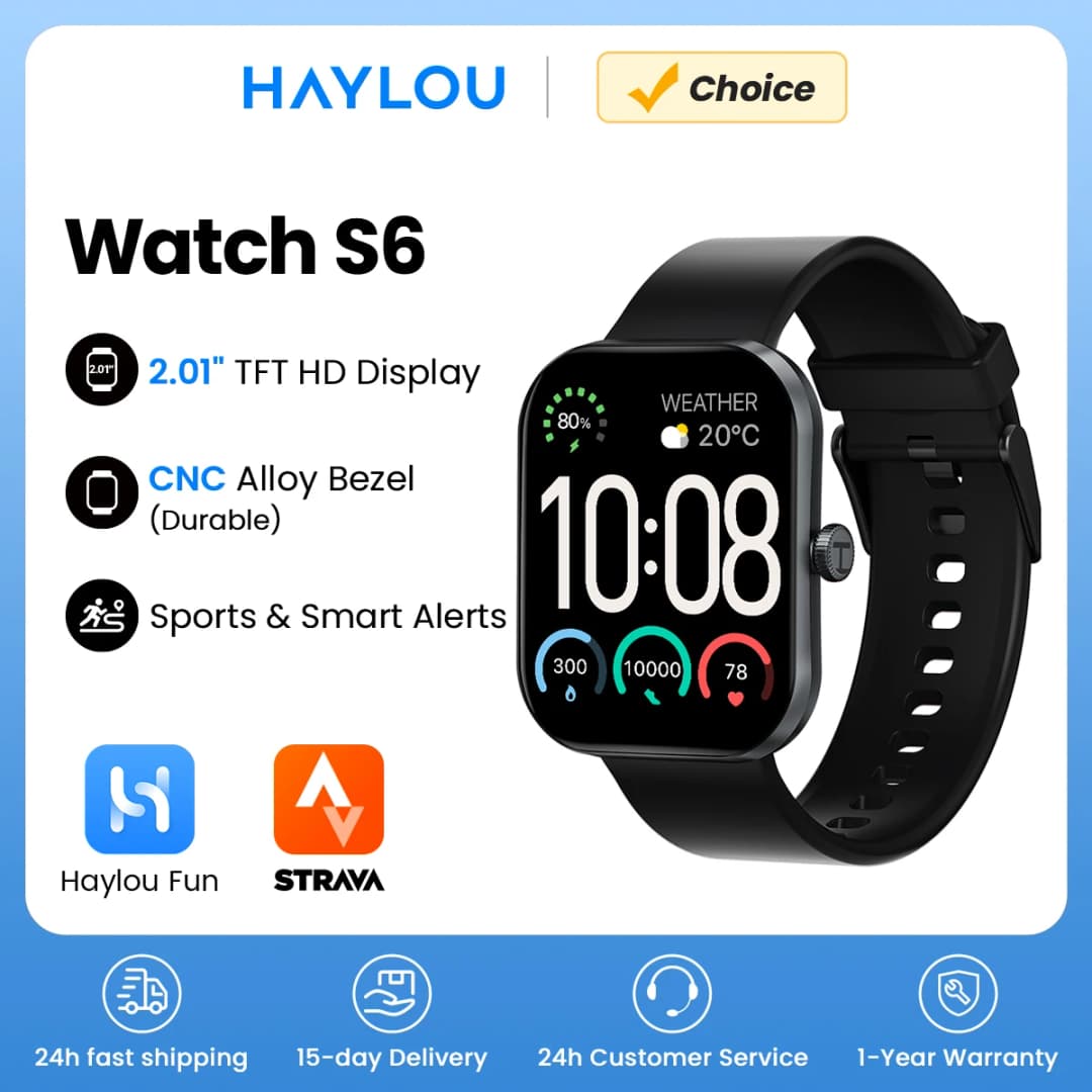 ساعة HAYLOU Watch S6 الذكية بشاشة 2.01 بوصة عالية الدقة، مكالمات صوتية عبر البلوتوث، مقاومة للماء بمعيار IP68، تتبع اللياقة البدنية