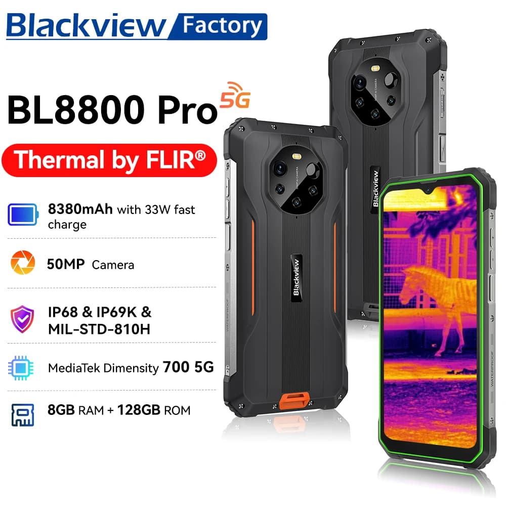 Blackview BL8800 Pro Rugged Phone 6.58" IPS+ Display Thermal Imaging Camera FLIR Smartphone 5G 8GB+128GB 50MP 8380mAh Android 11