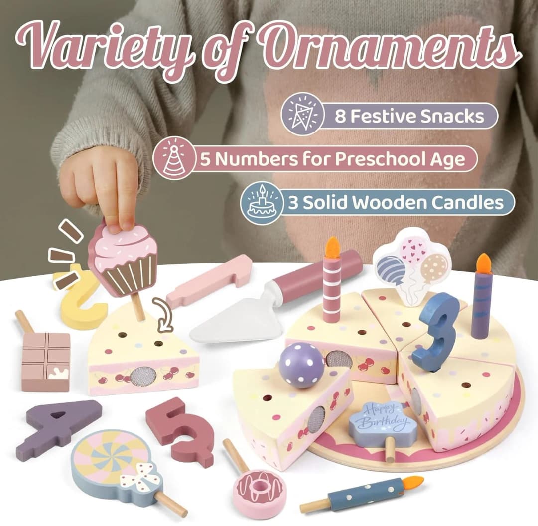 Wooden Kids Kitchen Toys Simulation Birthday Cake Toy Pretend Play Cutting Food Game Children Role Play Toy Gifts for Boy Girl - 4