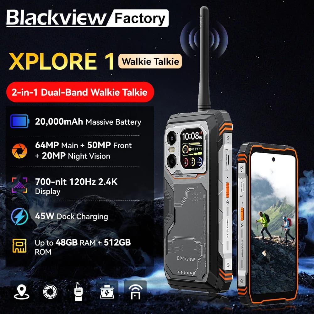 Blackview XPLORE 1 Walkie Talkie Rugged SmartPhone 5G 6.78'' Display 120Hz 20000mAh 64MP Camera 16GB+512GB Android 15 Call Phone