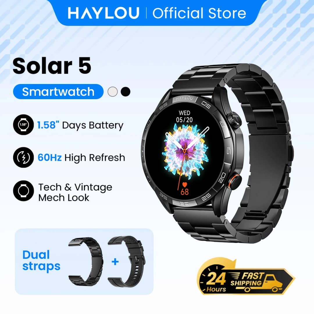 ساعة HAYLOU Solar 5 الذكية للمكالمات الصوتية بشاشة AMOLED مقاس 1.58 بوصة ومعدل تحديث 60 هرتز، مع مراقبة صحية على مدار 24 ساعة وساعة رياضية للرجال
