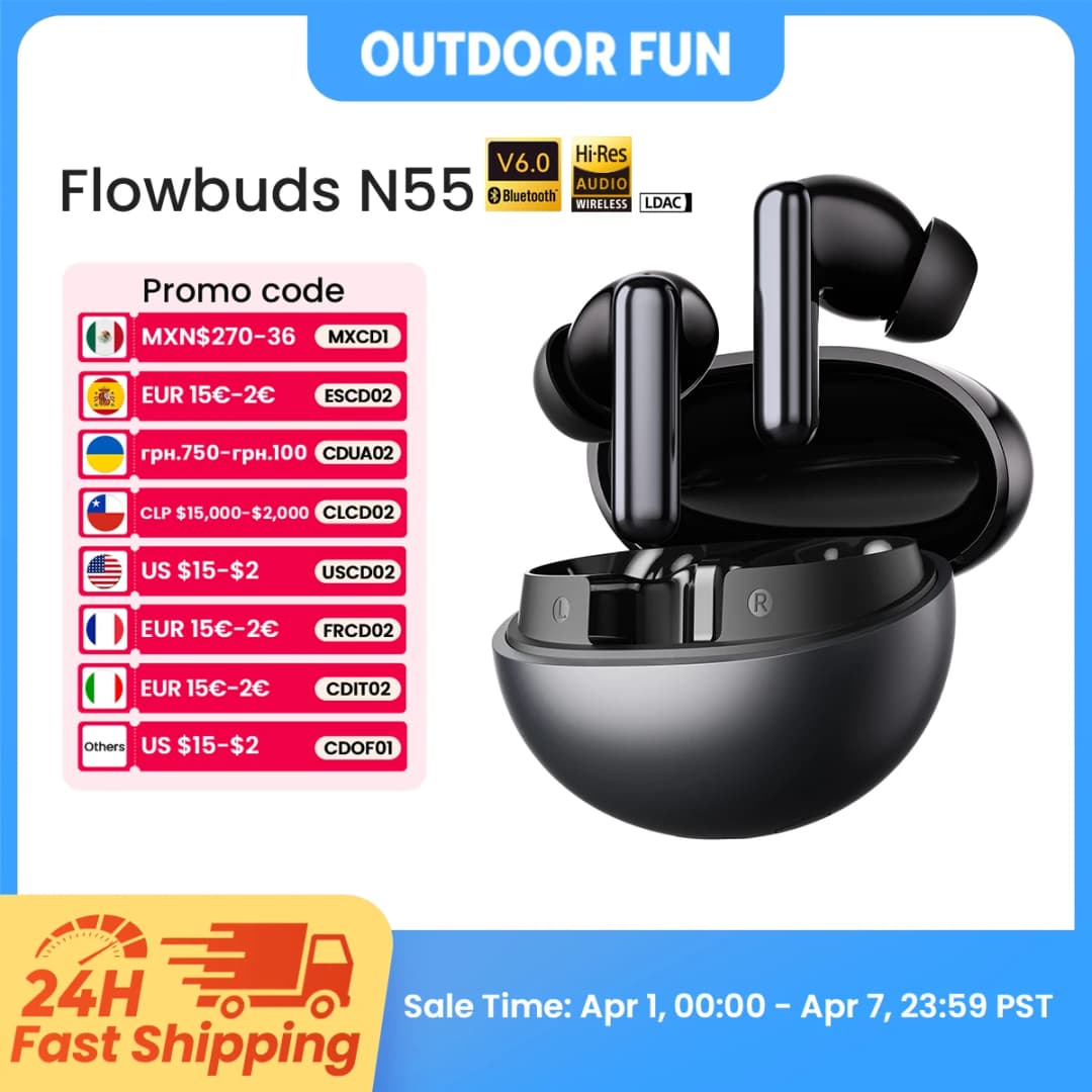 سماعات أذن لاسلكية HAYLOU Flowbuds N55، إلغاء ضوضاء تكيفي 54dB، بلوتوث 6.0، صوت عالي الدقة LDAC، 6 ميكروفونات، مكالمات HD، تشغيل حتى 40 ساعة، مقاومة للماء IPX5