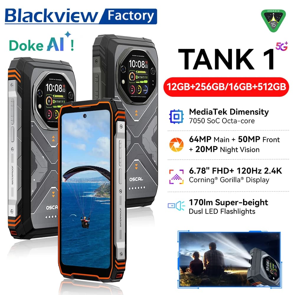 Blackview OSCAL TANK 1 Rugged Smartphon 5G 6.78" FHD+Display Cell Phone16GB+512GB 20000mAh 64MP Telephone Portabl Android 15 NFC