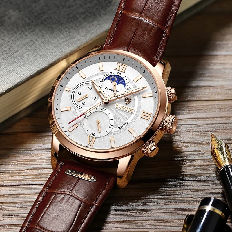 2026 LIGE Watches Mens Top Brand Luxury Clock Casual Leathe 24Hour Moon Phase Men Watch Sports Waterproof Quartz Chronograph+Box - 4