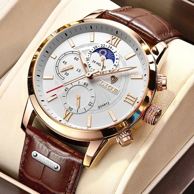 2026 LIGE Watches Mens Top Brand Luxury Clock Casual Leathe 24Hour Moon Phase Men Watch Sports Waterproof Quartz Chronograph+Box