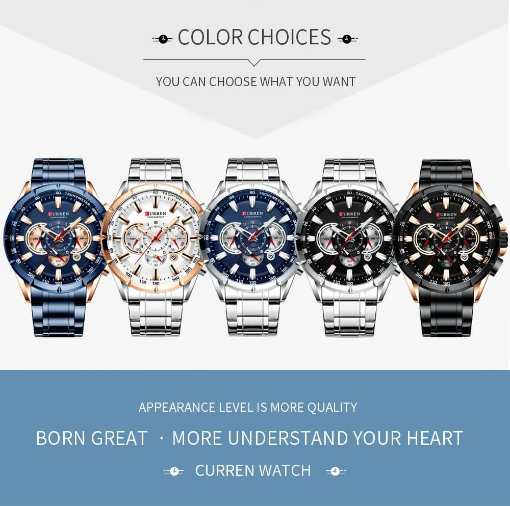 Men New CURREN Casual Sport Chronograph Men's Watch Stainless Steel Band Wristwatch Big Dial Quartz Clock with Luminous Pointers - 6