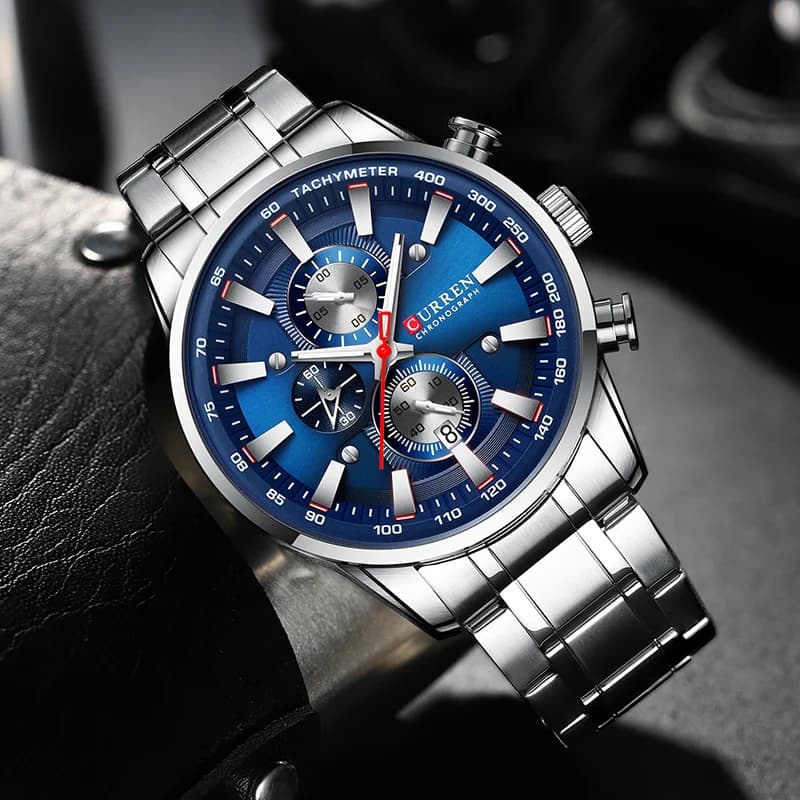 Curren Men's Watch Top Luxury Brand Big Dial Blue Quartz Men Watches Chronograph Sport Wristwatch Man Stainless Steel Date Clock - 3