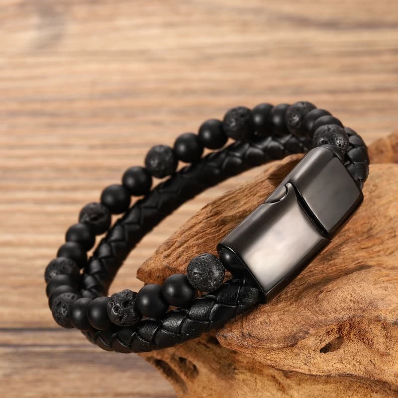 Charm Men Bracelet Rope Stainless Steel Magnetic Natural Stone Leather Beaded Braclet Volcanic Stone bracelet bangles Chain Gift - 2