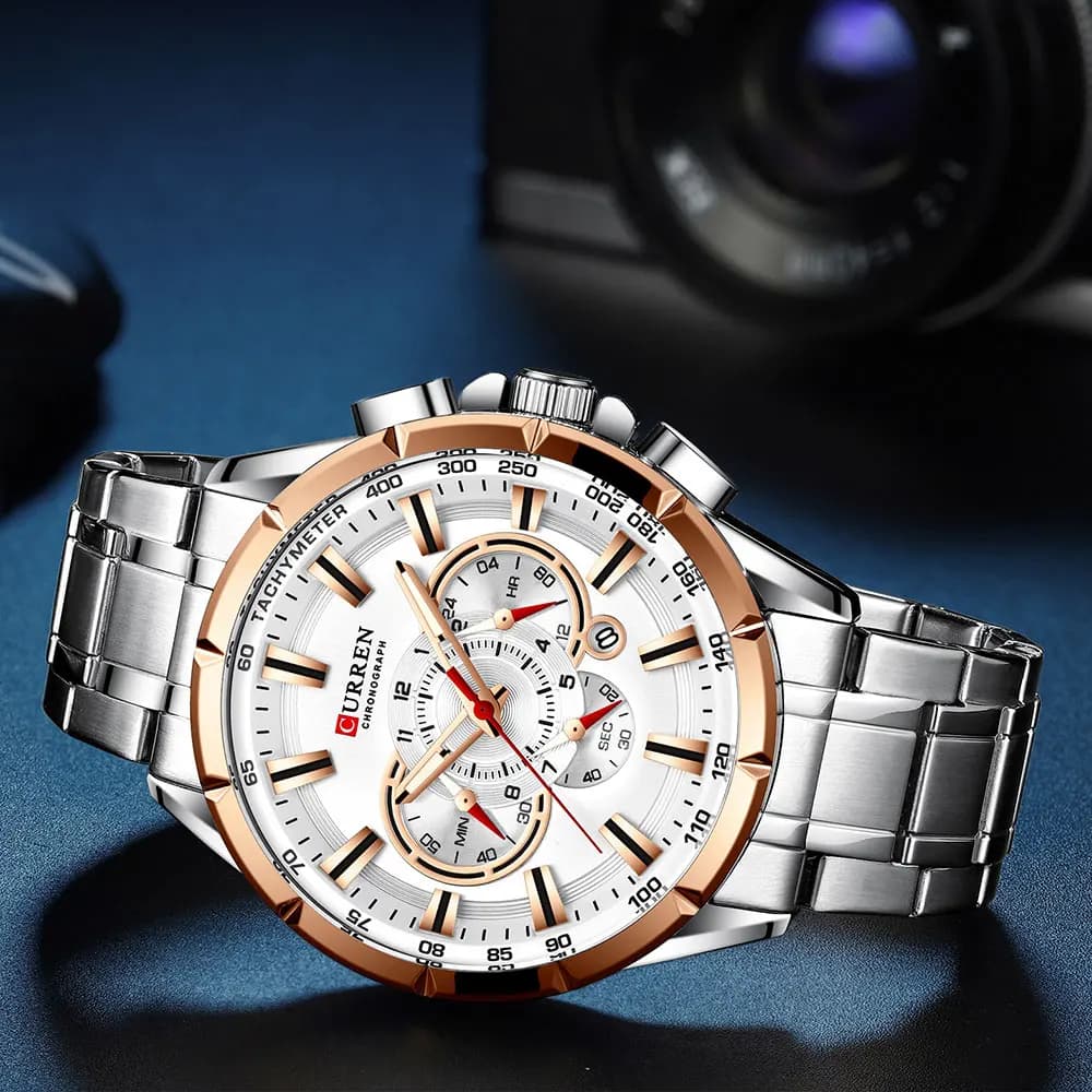 Men New CURREN Casual Sport Chronograph Men's Watch Stainless Steel Band Wristwatch Big Dial Quartz Clock with Luminous Pointers - 5