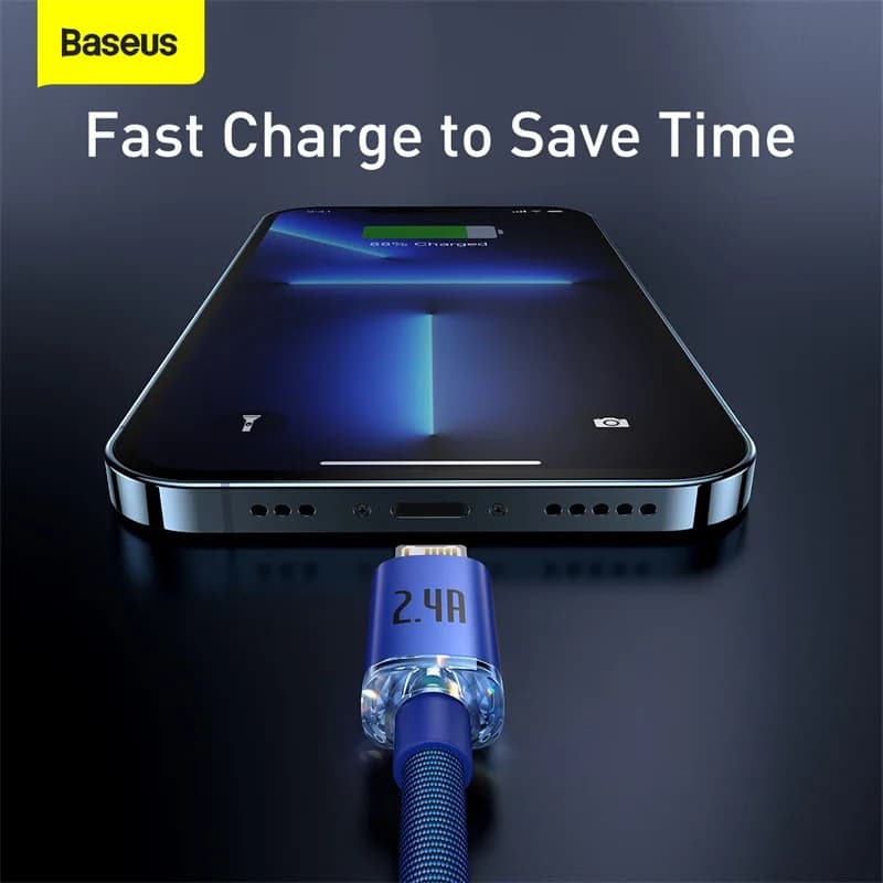 كابل Baseus USB لهاتف آيفون 14 و13 و12 و11 برو ماكس X Xr 8 بلس، شحن سريع 2.4A، كابل شحن ونقل بيانات لأجهزة آيباد برو بطول 1.2-2 متر - 2