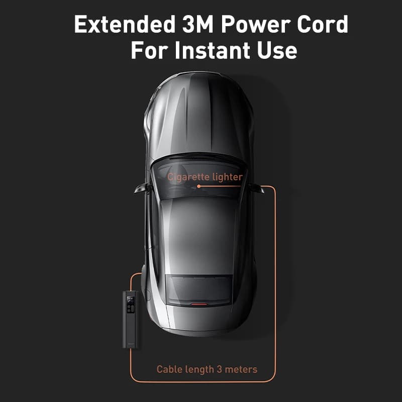 ضاغط هواء صغير للسيارة من Baseus، 12 فولت، 150 رطل لكل بوصة مربعة، منفاخ إطارات محمول، مضخة هواء رقمية ذكية للسيارات والدراجات والقوارب - 3