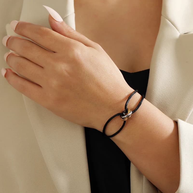 Simple Fashion Unisex Bracelet 3 Metal Round Circle Accessory Adjustable Men's Rope Bracelet for Women Jewelry Gifts - 3