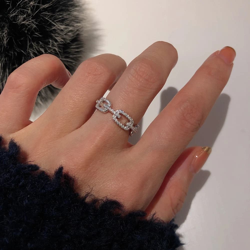 925 Sterling Silver Classic Link Chain Shape Simulated Diamond Stackable Ring for Women Crystal Zircon Engagement Rings - 2