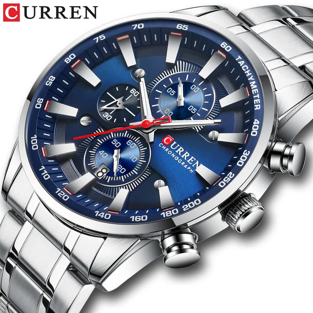 Curren Men's Watch Top Luxury Brand Big Dial Blue Quartz Men Watches Chronograph Sport Wristwatch Man Stainless Steel Date Clock - 2