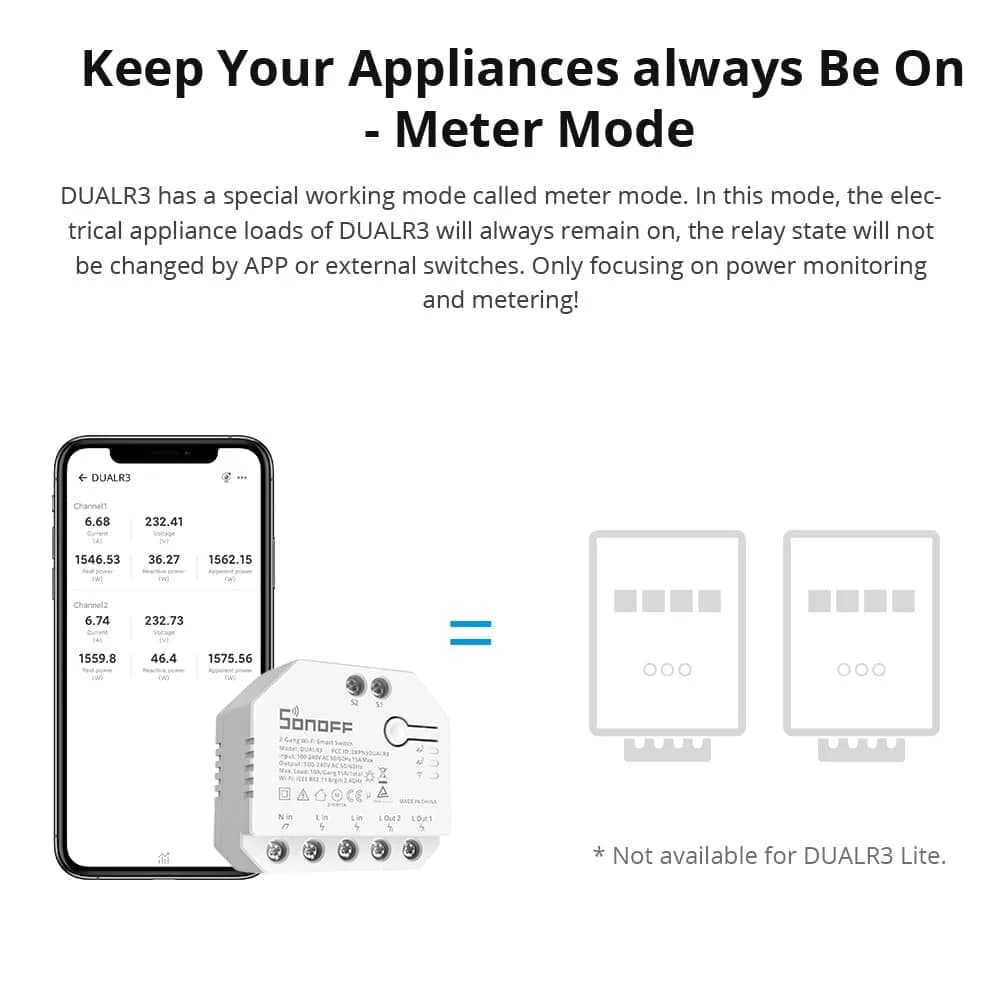 SONOFF DUALR3 / DUALR3 Lite 2 Gang Dual Relay Module DIY Wi-Fi MINI Smart Switch Power Metering Control via eWeLink Alexa Google - 6