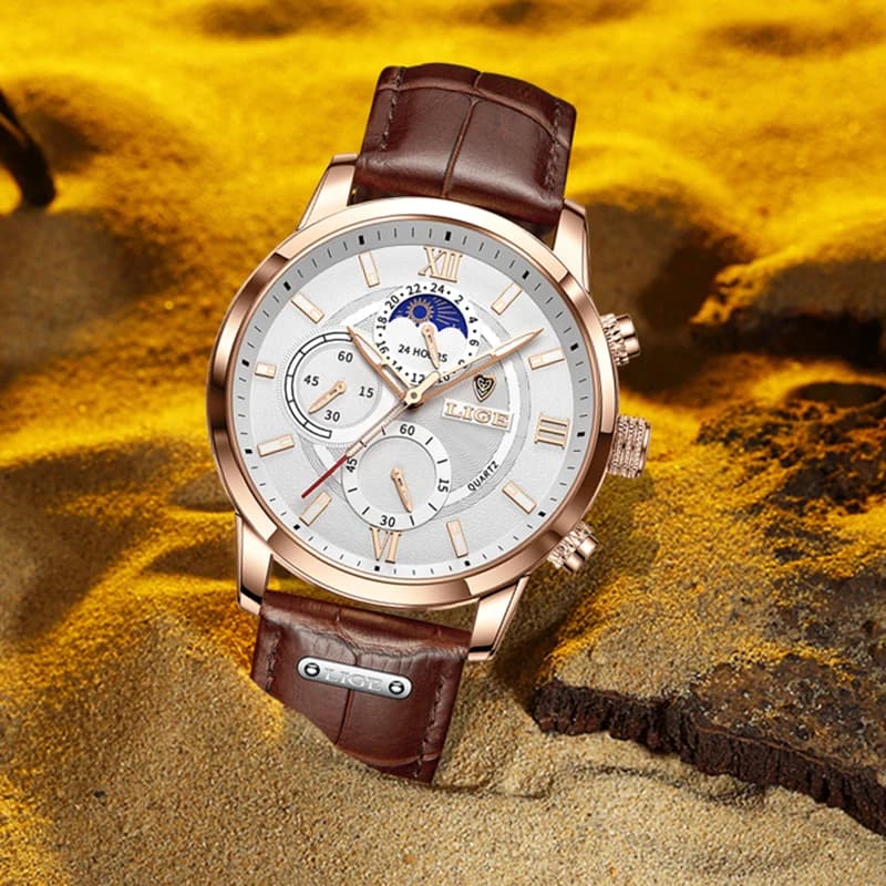 2026 LIGE Watches Mens Top Brand Luxury Clock Casual Leathe 24Hour Moon Phase Men Watch Sports Waterproof Quartz Chronograph+Box - 2