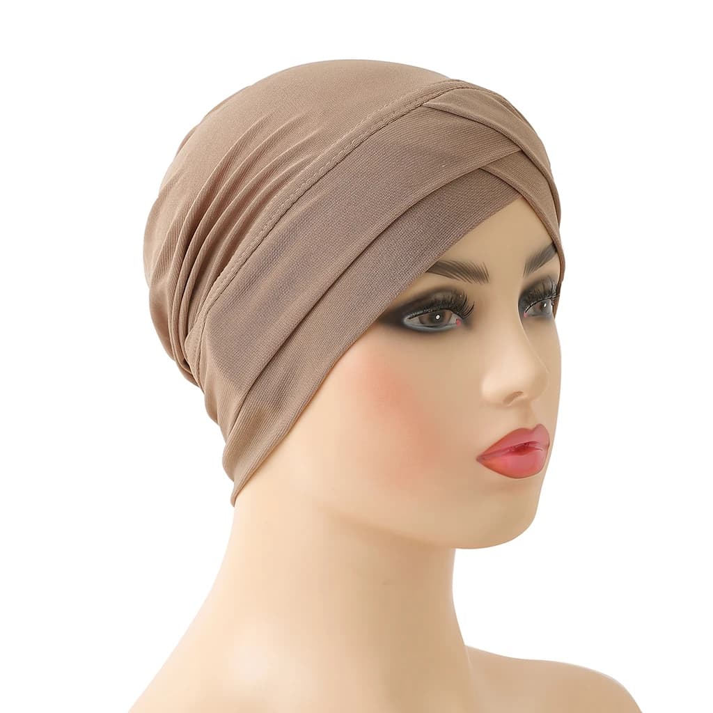 H117 Forehead criss Cross Muslim Turban Pure Color Stretch Inner Hijabs For Caps Ready To Wear Women Head Scarf Under Bonnet - 3