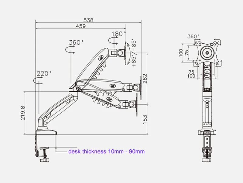 NB NEW F80 17-30" 2-9kg dual arm air press gas spring vesa 100x100 monitor desk mount stand clamp grommet base PC desk holder - 3