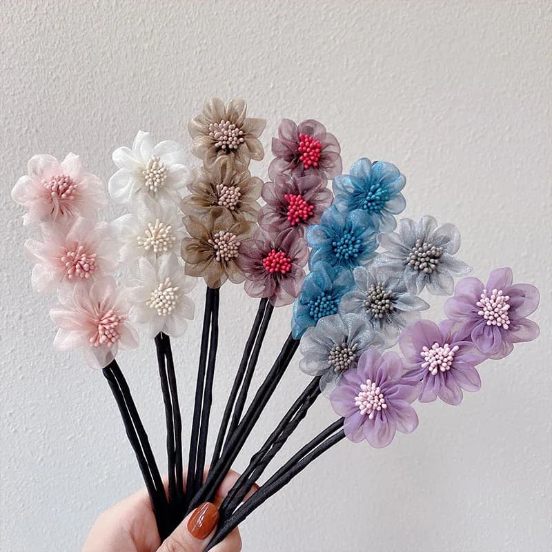 New Women Elegant Bud Chiffon Flowers Bun Maruko Hairstyles Making Long Tools Sweet Headband Hairbands Fashion Hair Accessories - 5