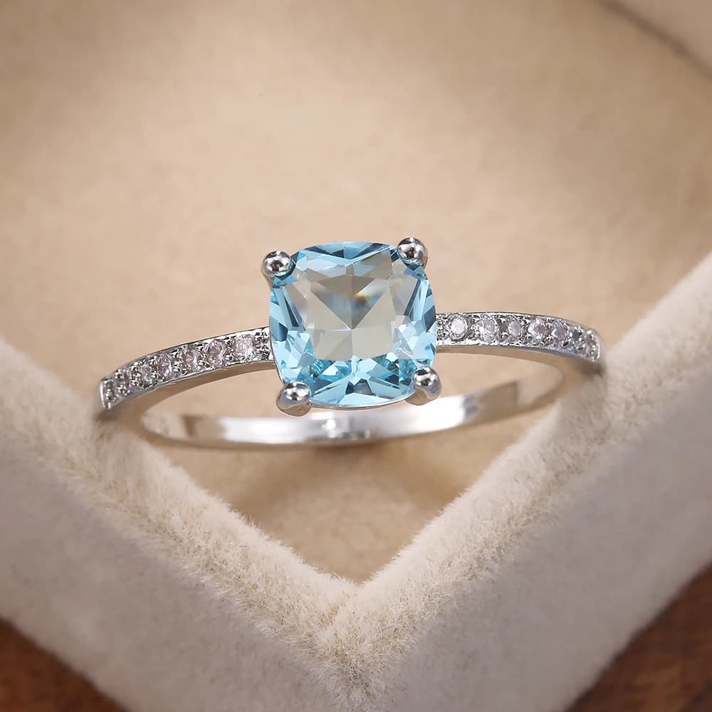 Huitan Square Blue Series Stone Women Rings Simple Minimalist Pinky Accessories Ring Band Elegant Engagement Jewelry Rings - 3