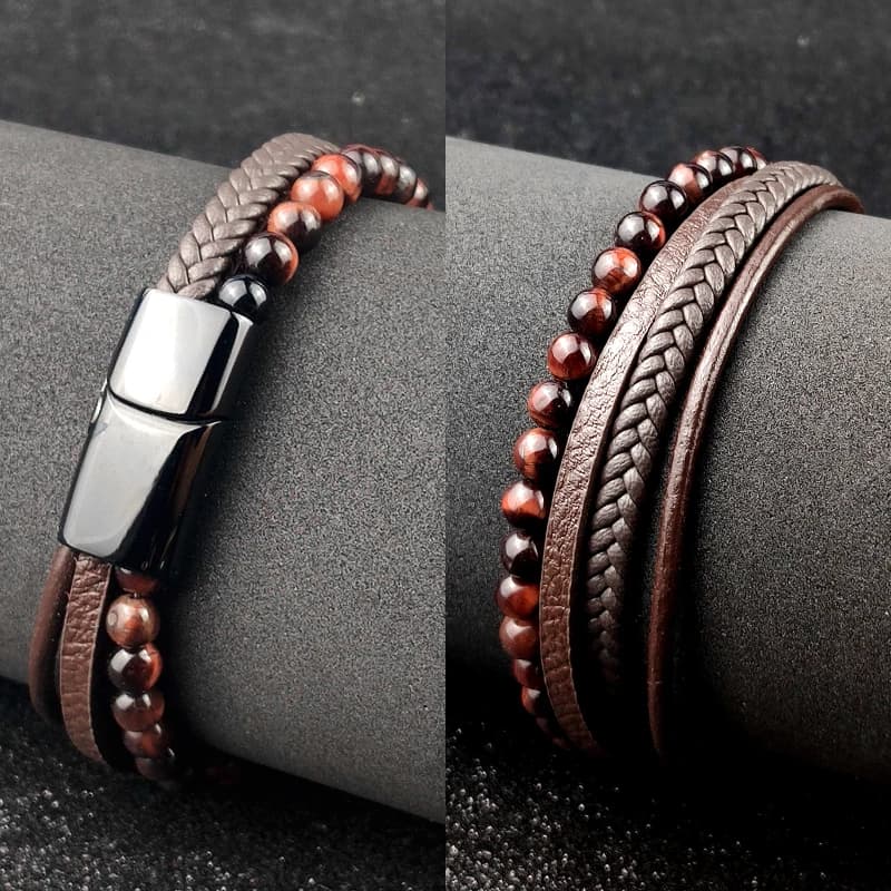 Charm Men Bracelet Rope Stainless Steel Magnetic Natural Stone Leather Beaded Braclet Volcanic Stone bracelet bangles Chain Gift - 5