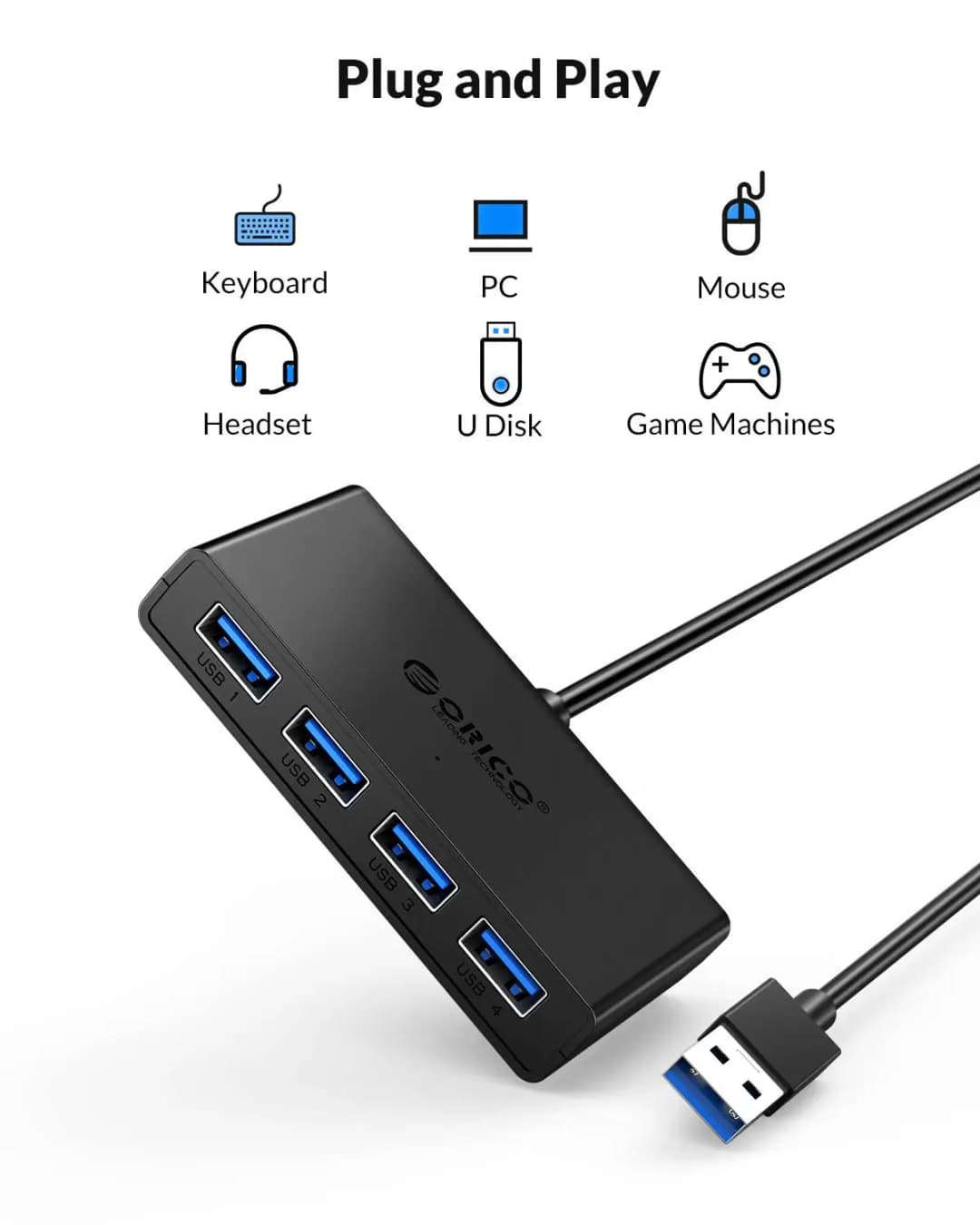 موزع USB من ORICO بـ 4 منافذ USB 3.0، مع مصدر طاقة، ملحق لأجهزة الكمبيوتر PC وWindows وMac، أطوال 30/100/150 سم - 2