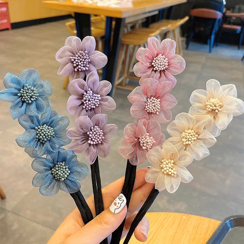 New Women Elegant Bud Chiffon Flowers Bun Maruko Hairstyles Making Long Tools Sweet Headband Hairbands Fashion Hair Accessories - 6
