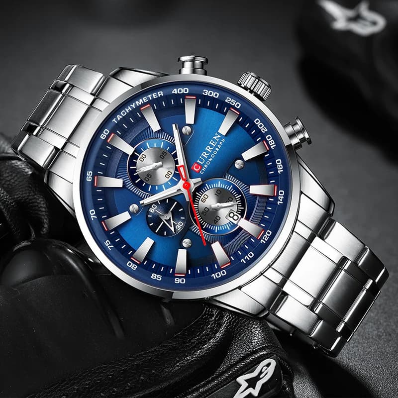 Curren Men's Watch Top Luxury Brand Big Dial Blue Quartz Men Watches Chronograph Sport Wristwatch Man Stainless Steel Date Clock - 4